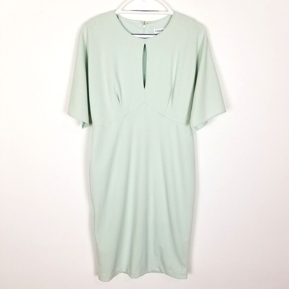 Calvin Klein Women CELADON Scuba‎ Crepe Sheath with Cape Sleeves Size 10  Mint